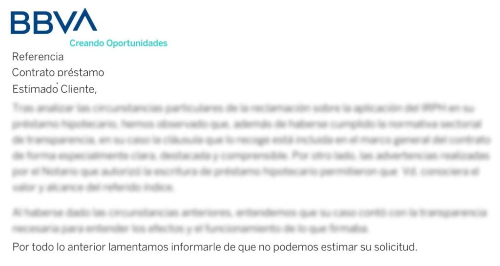 carte rechazo reclamaciones IRPH BVA